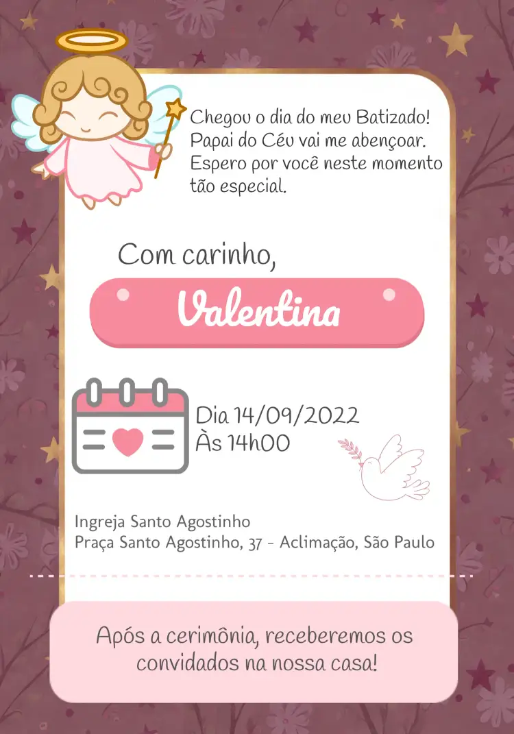 Convite Batizado De Menina Passaro – tema Batizado rosa, branco, anjos, estrelas, passarinhos, delicado