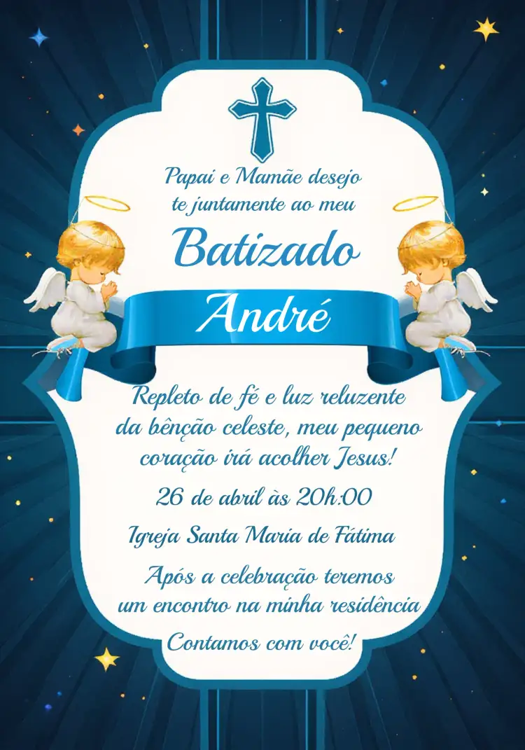 Convite Batizado De Menino Faixa – tema Batizado azul, branco, dourado, anjos, minimalista, elegante