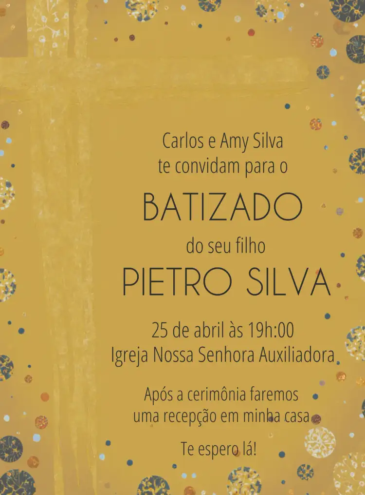 Convite Batizado Dourado E Branco Igreja – tema Batizado dourado, branco, minimalista, elegante, religioso, moderno