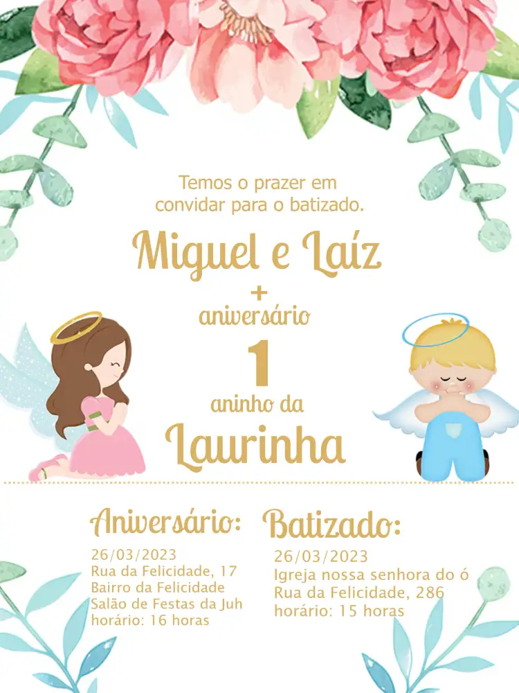 Convite Batizado E Anjinhos Aquarela – tema Batizado aquarela, floral, suave, infantil, romântico, colorido
