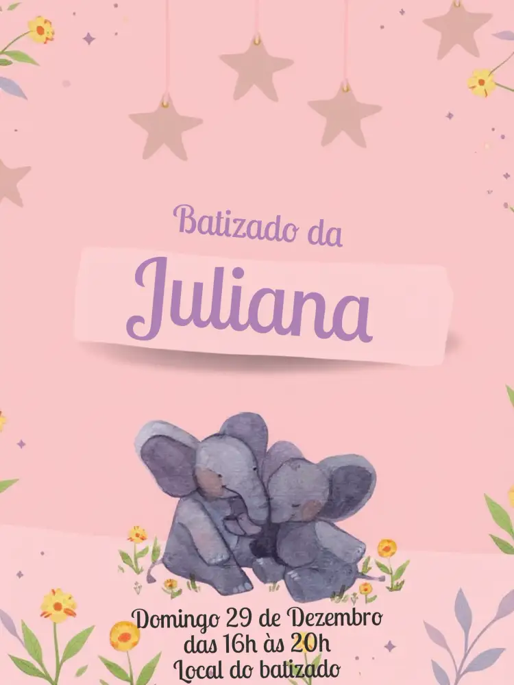 Convite Batizado Elefantinho Tema – tema Batizado rosa, branco, roxo, elefantinho, lúdico, infantil