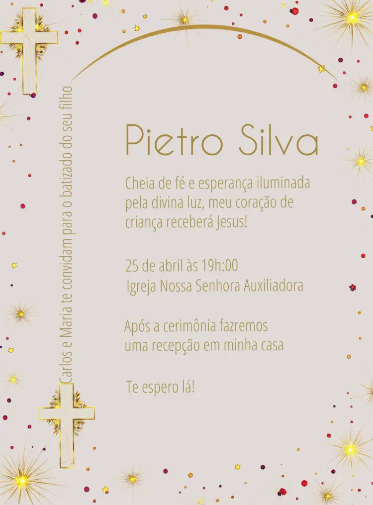 Convite Batizado Elegante Dourado Branco Batismo – tema Batizado elegante, dourado, branco, moderno, religioso, sutil