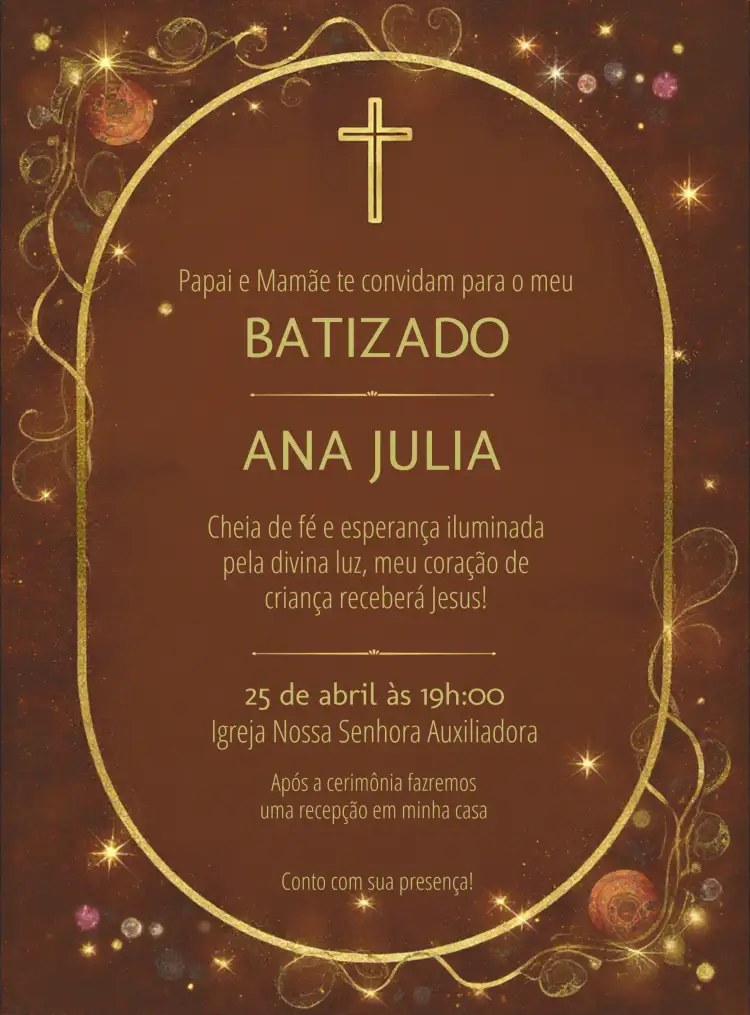 Convite Batizado Elegante Dourado Terracota Batismo – tema Batizado elegante, dourado, terracota, moderno, minimalista