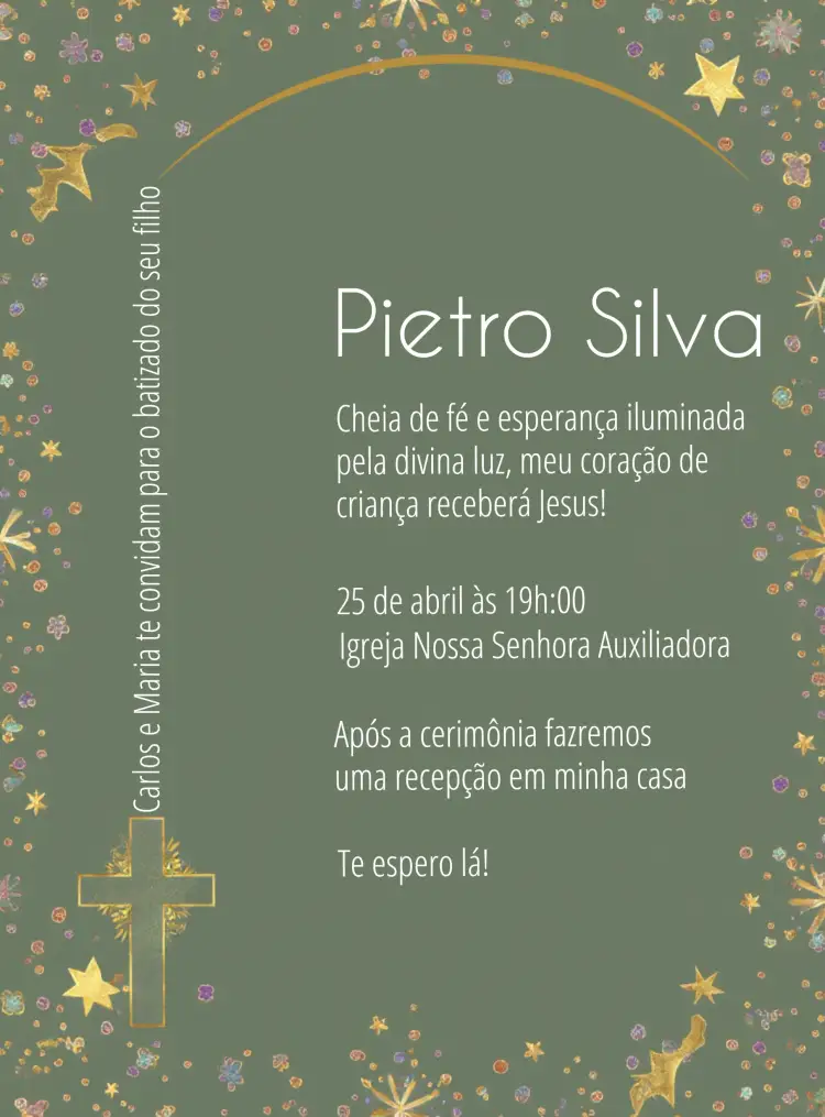 Convite Batizado Elegante Verde E Dourado – tema Batizado verde, dourado, elegante, moderno, minimalista, sutil