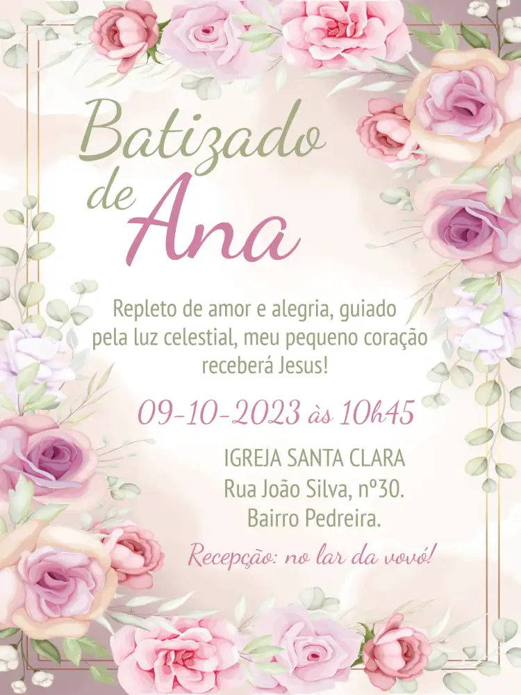 Convite Batizado Floral Anjinha – tema Batizado floral, roxo e lilás, anjinha, delicado, infantil, religioso