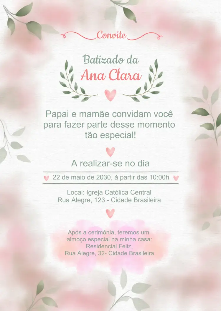 Convite Batizado Floral Batismo editável e personalizável