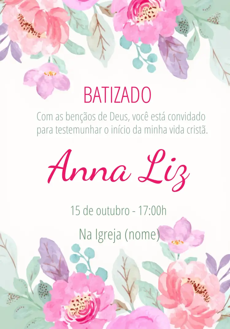 Convite Batizado Floral Batismo – tema Batizado floral, delicado, rosa, infantil, suave