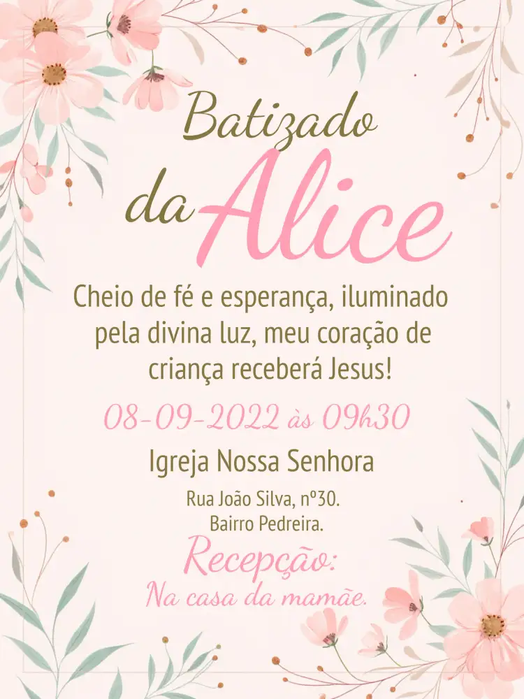 Convite Batizado Floral Branco – tema Batizado floral, rosa, branco, dourado, delicado, infantil