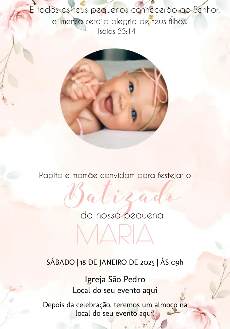 Convite Batizado Floral Com Foto Delicado – tema Primeira Comunhão floral, delicado, romântico, suave, moderno