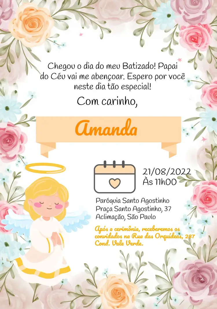 Convite Batizado Floral Laranja – tema Batizado floral, colorido, moderno, delicado, alegre