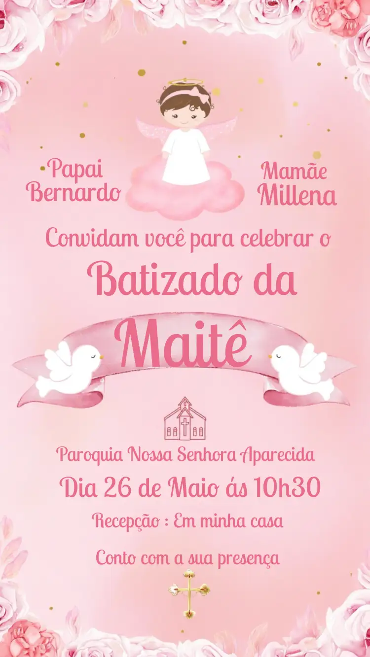 Convite Batizado Floral Rosa Batismo – tema Batizado floral, rosa, delicado, suave, anjinha, moderno