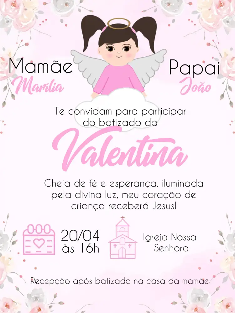Convite Batizado Flores – tema Batizado floral, romântico, delicado, moderno, suave, infantil