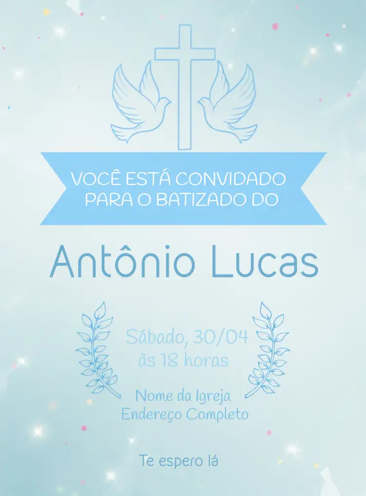 Convite Batizado Flores – tema Batizado floral, azul, moderno, delicado, infantil