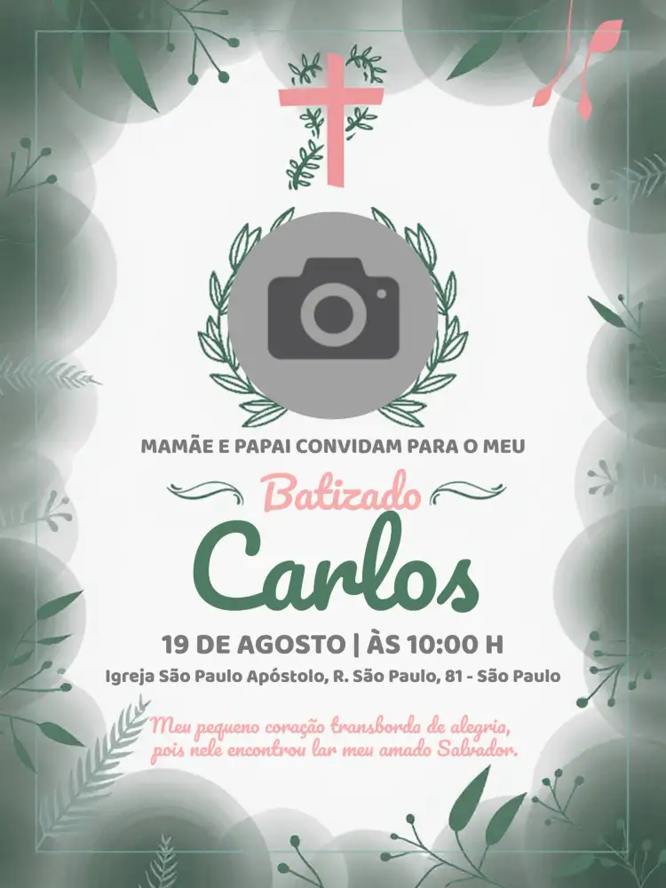 Convite Batizado Foto – tema Batizado floral, delicado, moderno, minimalista, pastel, infantil