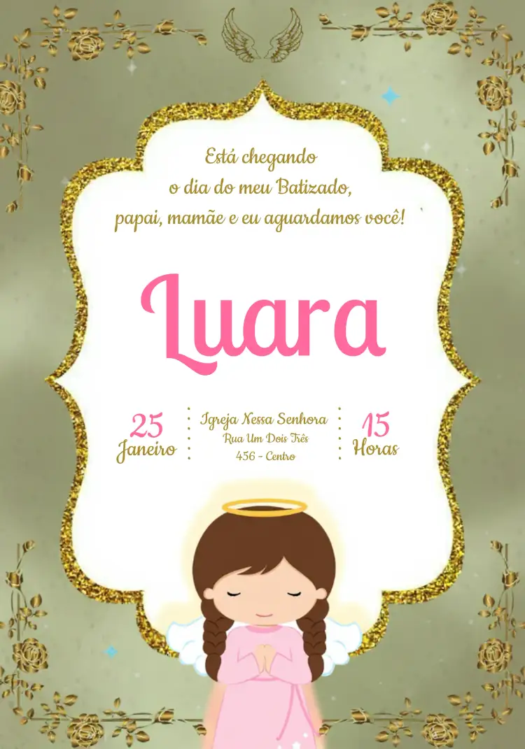 Convite Batizado Glitter – tema Batizado rosa, dourado, delicado, brilho, anjinho, modernidade