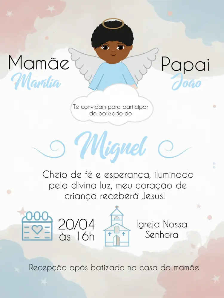 Convite Batizado Igreja – tema Batizado azul, branco, preto, anjinhos, moderno, elegante