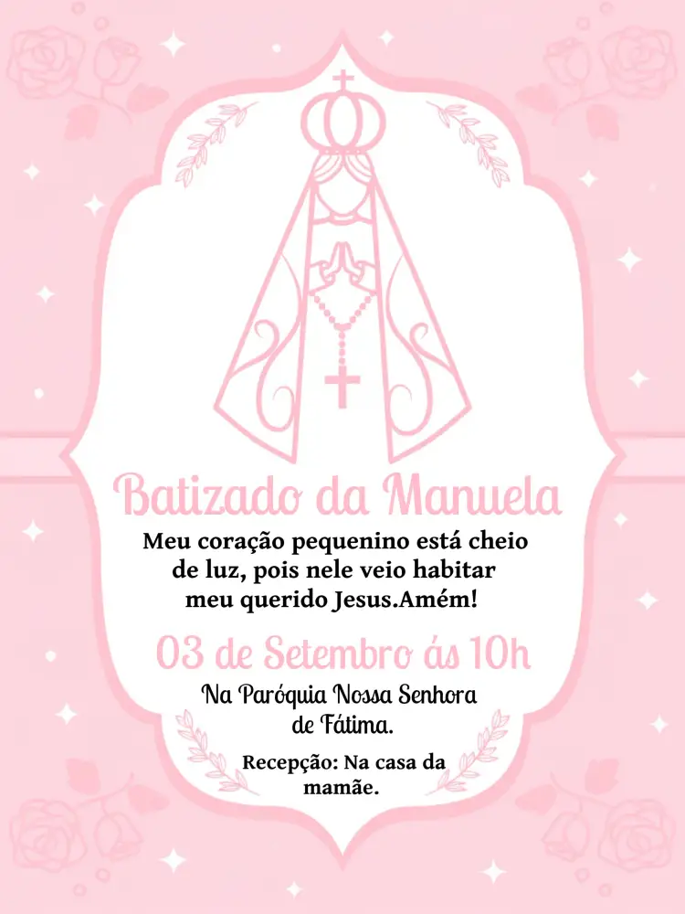 Convite Batizado Igreja – tema Batizado floral, rosa e branco, anjinhos, romântico, delicado