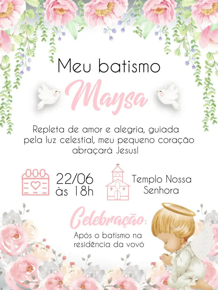 Convite Batizado Igreja – tema Batizado floral, romântico, delicado, clássico, moderno, infantil