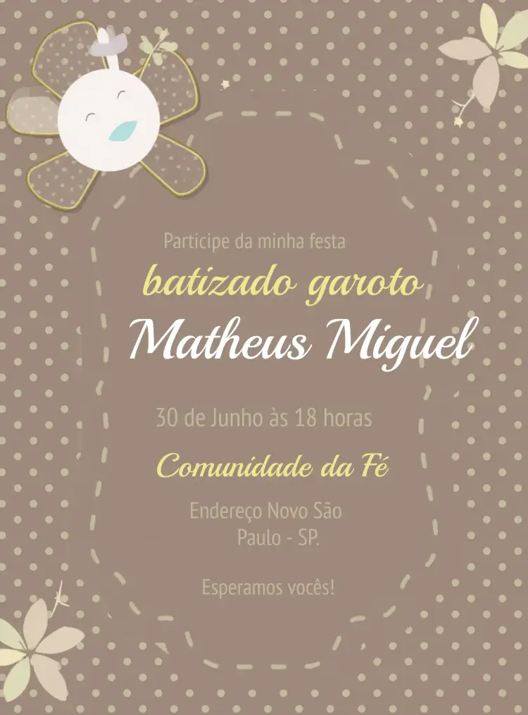 Convite Batizado Igreja – tema Batizado azul e marrom, floral, moderno, delicado, religioso, infantil