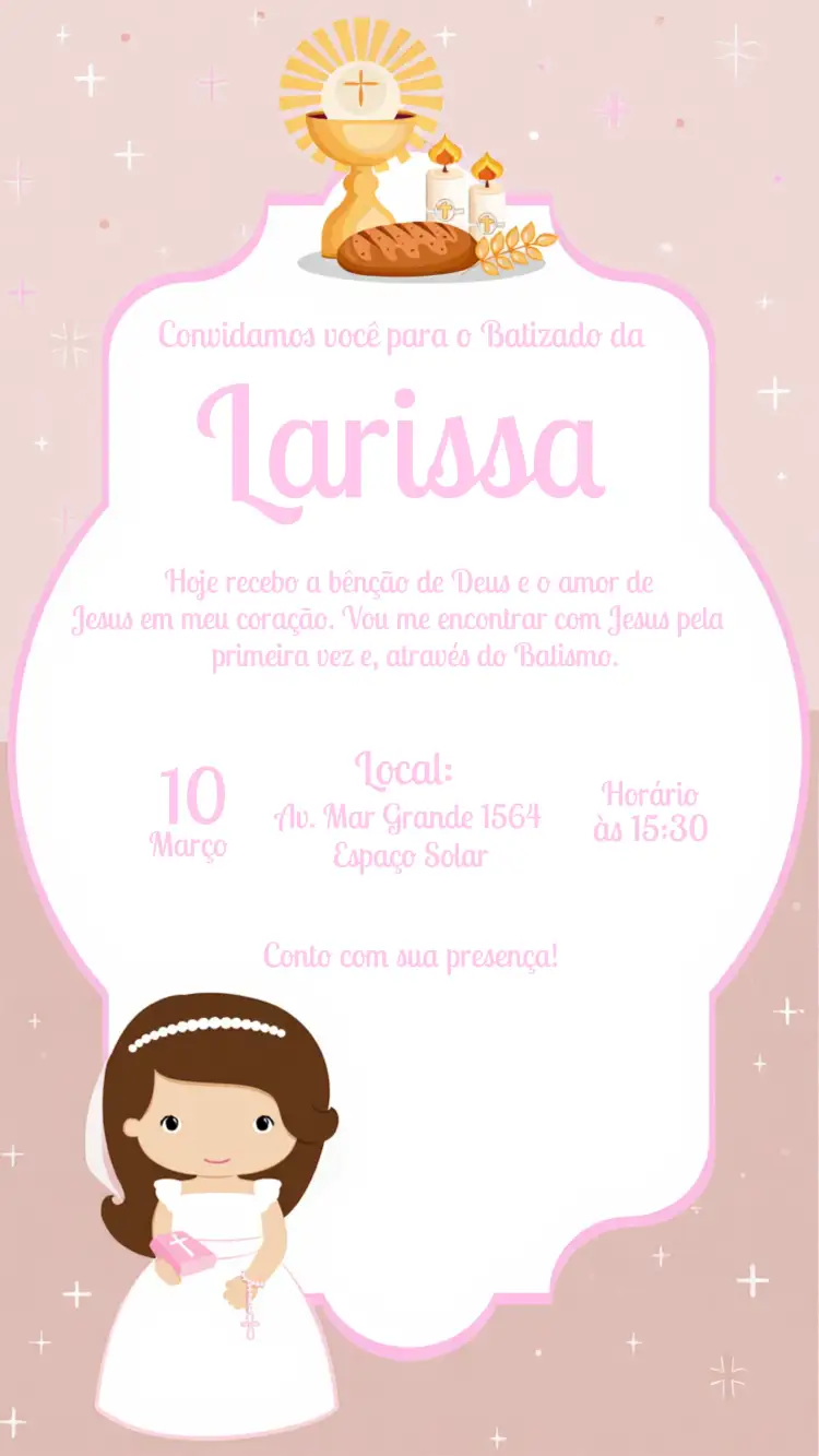 Convite Batizado Infantil – tema Batizado rosa, branco, delicado, elegante, infantil, minimalista