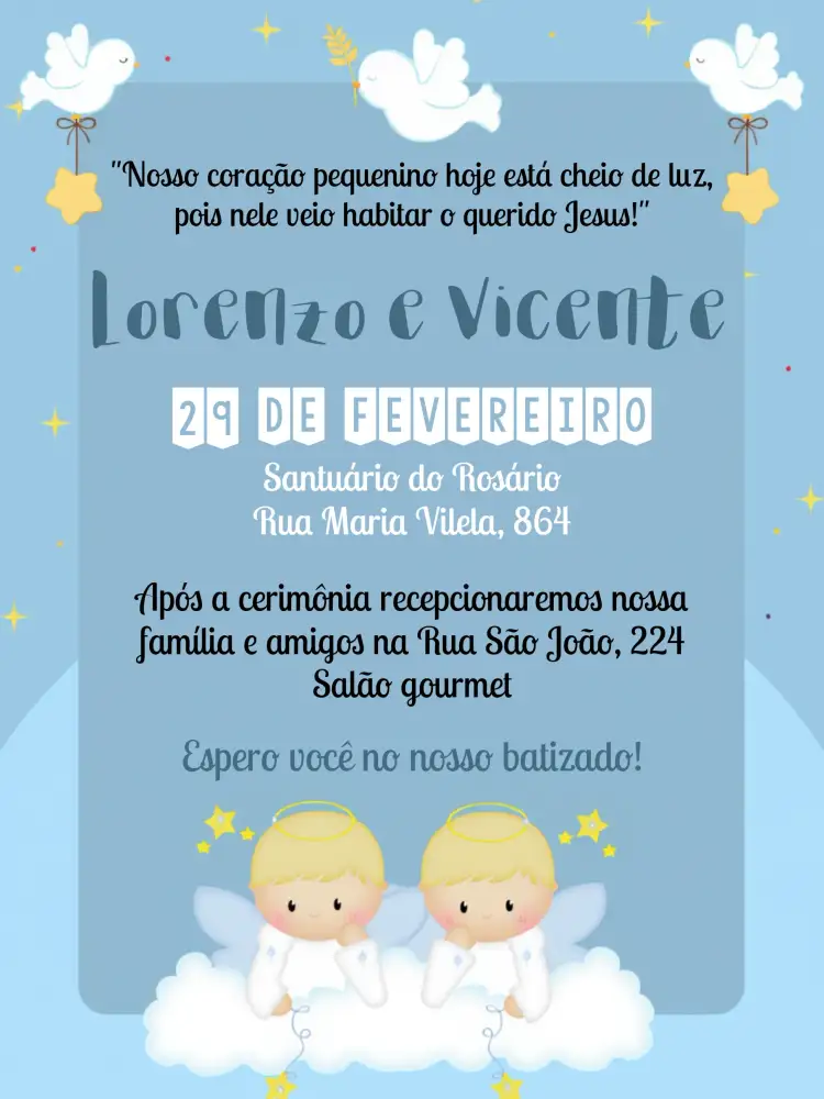 Convite Batizado Irmãos Laranja – tema Primeira Comunhão colorido, infantil, moderno, alegre, divertido