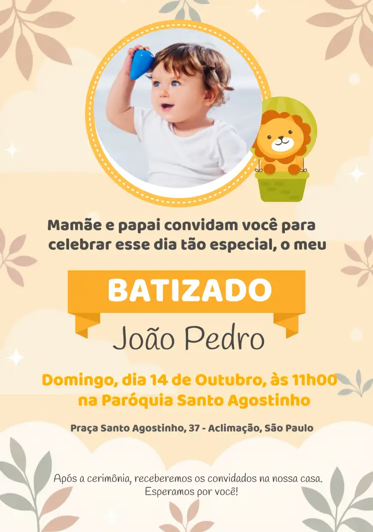Convite Batizado Leão Com Foto Céu – tema Batizado colorido, lúdico, infantil, moderno, ilustrações de animais, nuvens e céu