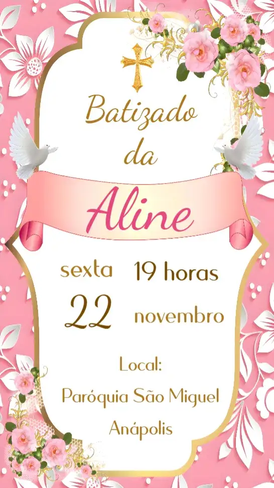 Convite Batizado Menina – tema Batizado pastel, floral, minimalista, dourado, romântico, elegante