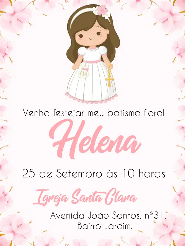 Convite Batizado Menina – tema Batizado floral, delicado, rosa, branco, anjinhos