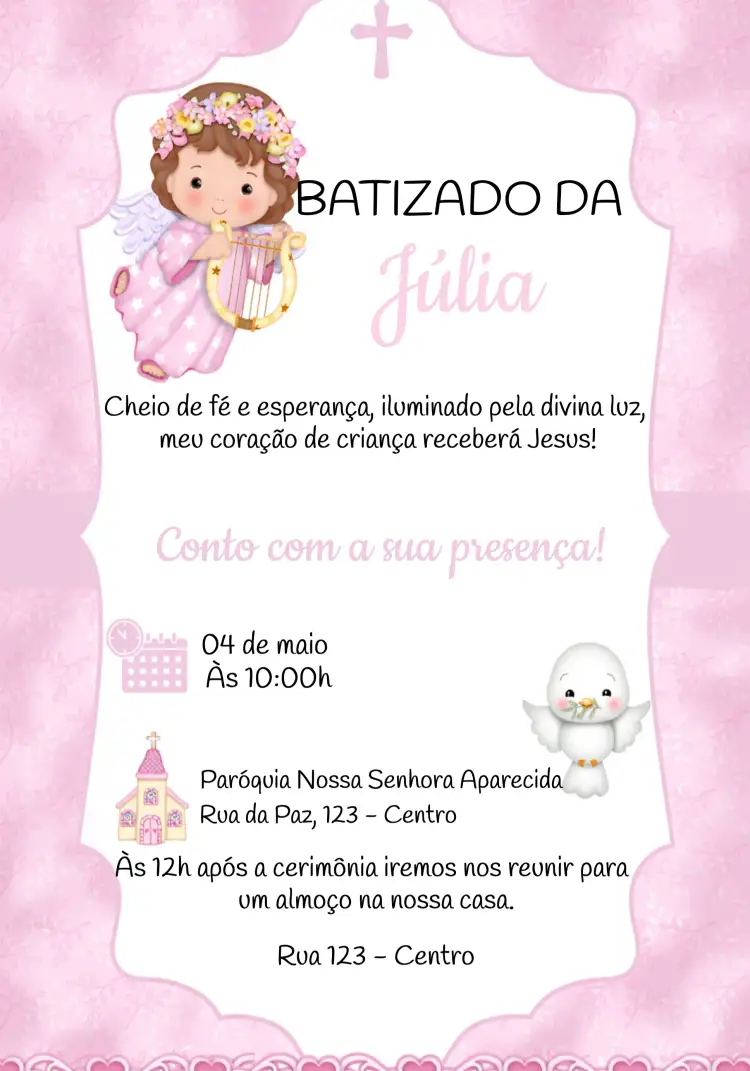 Convite Batizado Menina Anjinha Paz – tema Batizado azul claro, branco, anjinho, minimalista, infantil, sereno