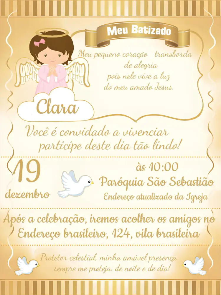 Convite Batizado Menina Branco – tema Batizado branco, rosa, dourado, anjinhos, oração, elegante