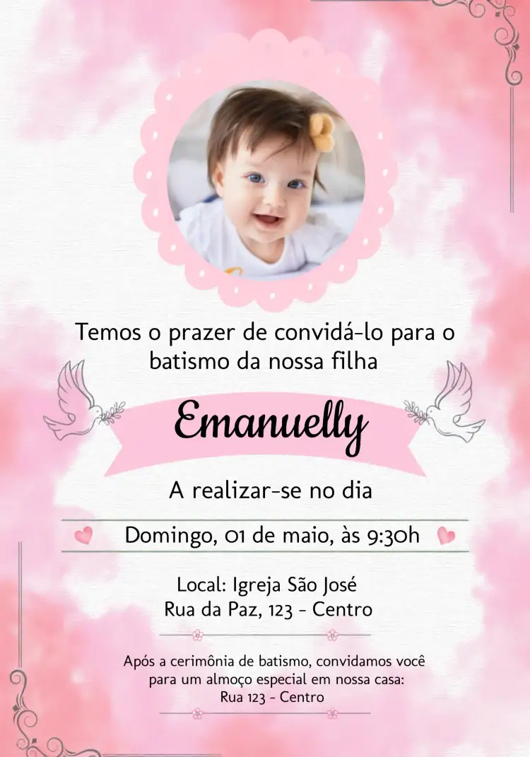 Convite Batizado Menina Com Foto Batismo – tema Batizado floral, delicado, rosa e branco, elegante, infantil, romântico
