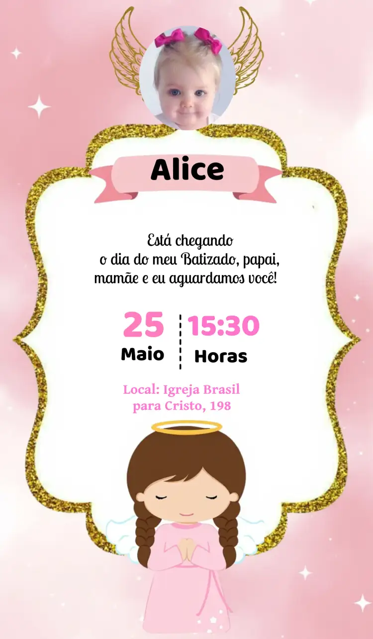 Convite Batizado Menina Glitter Com Foto Dourado – tema Primeira Comunhão glitter, dourado, rosa, minimalista, moderno, elegante
