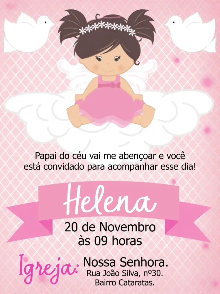 Convite Batizado Menina Rosa – tema Batizado rosa, branco, delicado, angelical, floral, moderno