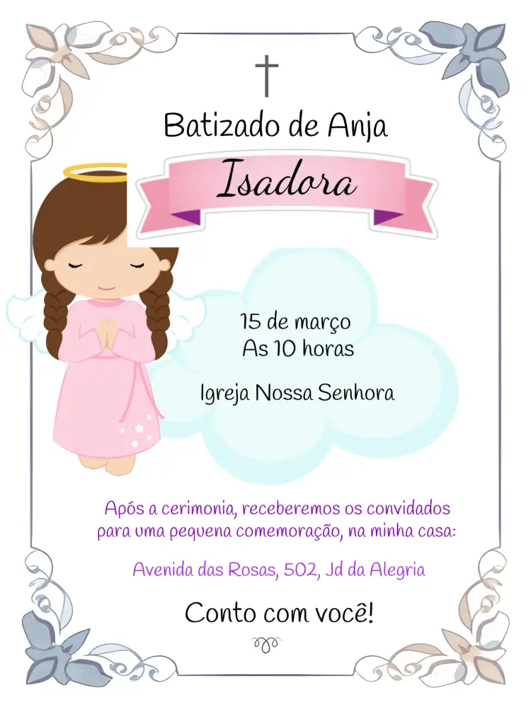 Convite Batizado Menina Rosa – tema Batizado romântico, delicado, celestial, infantil, elegante
