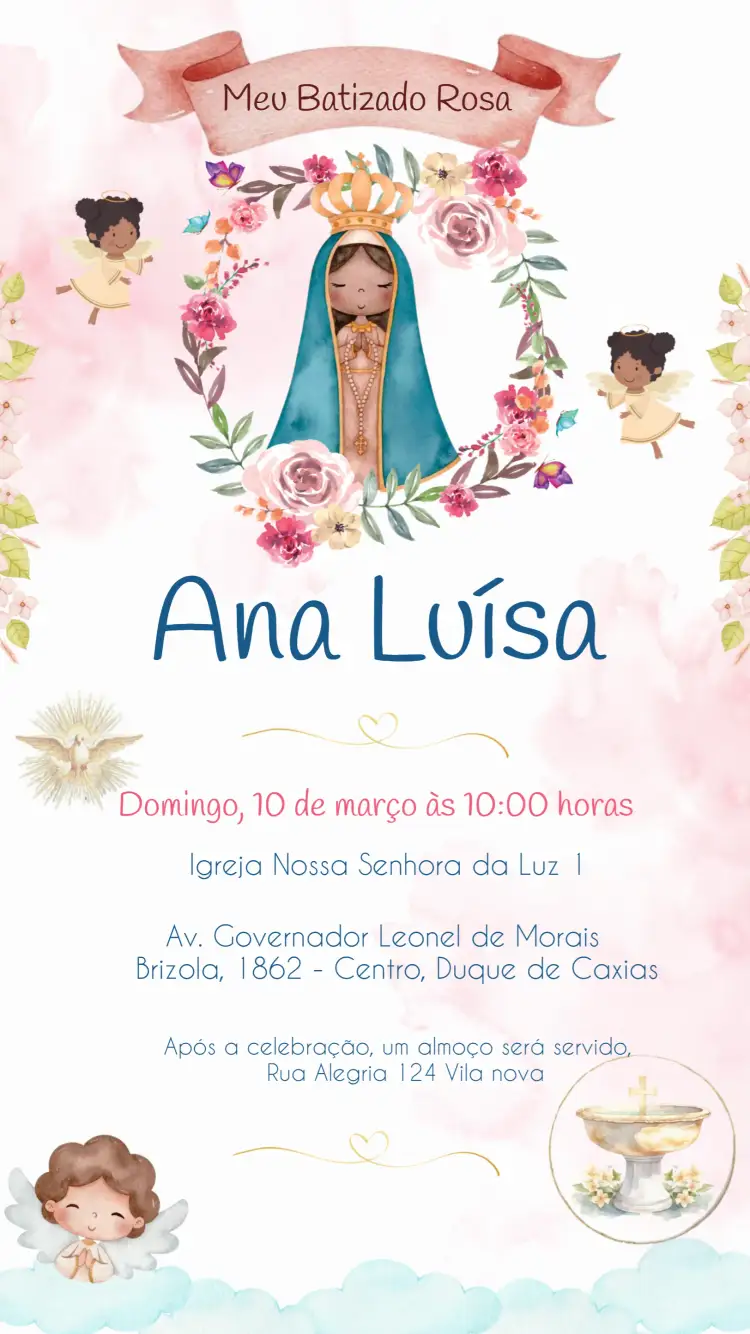 Convite Batizado Menina Rosa – tema Batizado aquarela, rosa, delicado, infantil, religioso