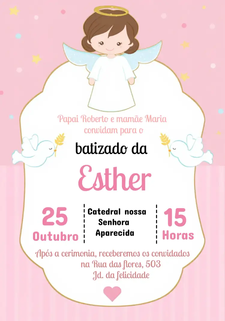 Convite Batizado Menina Rosa Batismo – tema Primeira Comunhão rosa, delicado, anjos, minimalista, floral, pastel