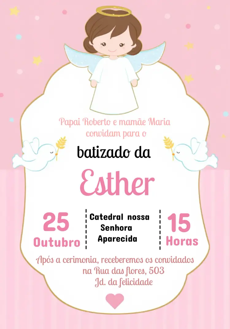 Convite Batizado Menina Rosa Batismo