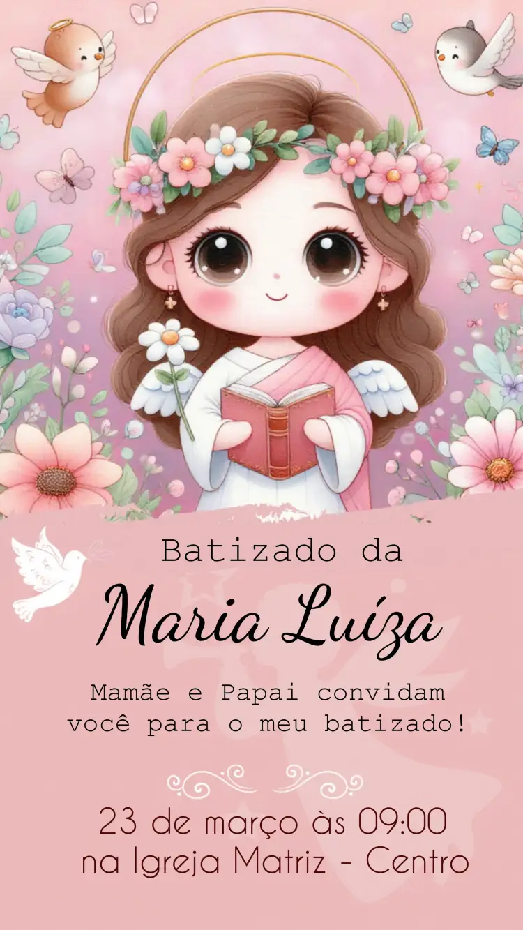 Convite Batizado Menina Rosa – tema Batizado rosa, floral, delicado, minimalista, moderno