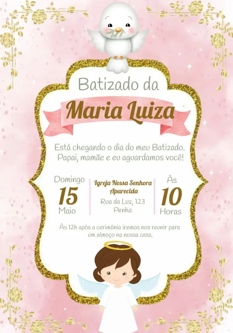 Convite Batizado Menina Rosa Dourado – tema Batizado floral, rosa, dourado, delicado, celestial, moderno