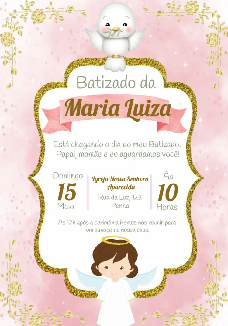 Convite Batizado Menina Rosa Dourado