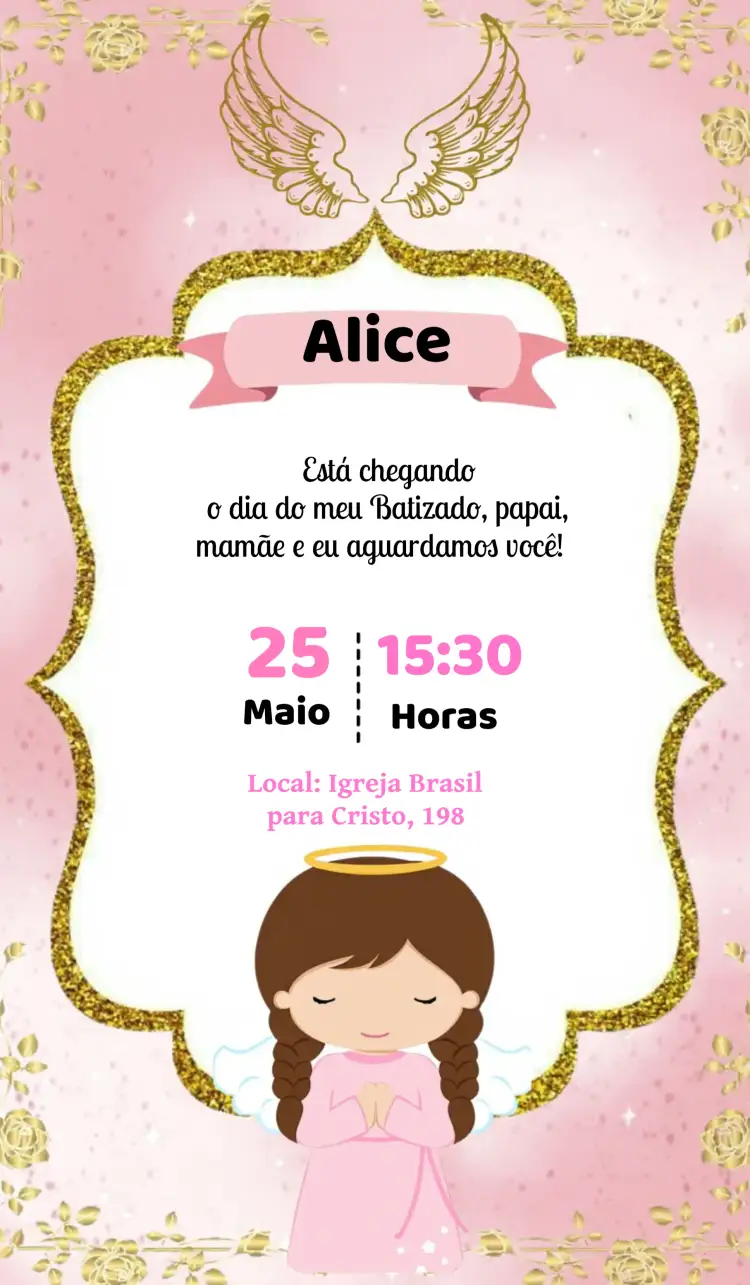 Convite Batizado Menina Rosa Glitter Comunhão – tema Primeira Comunhão rosa, glitter, moderno, delicado, feminino