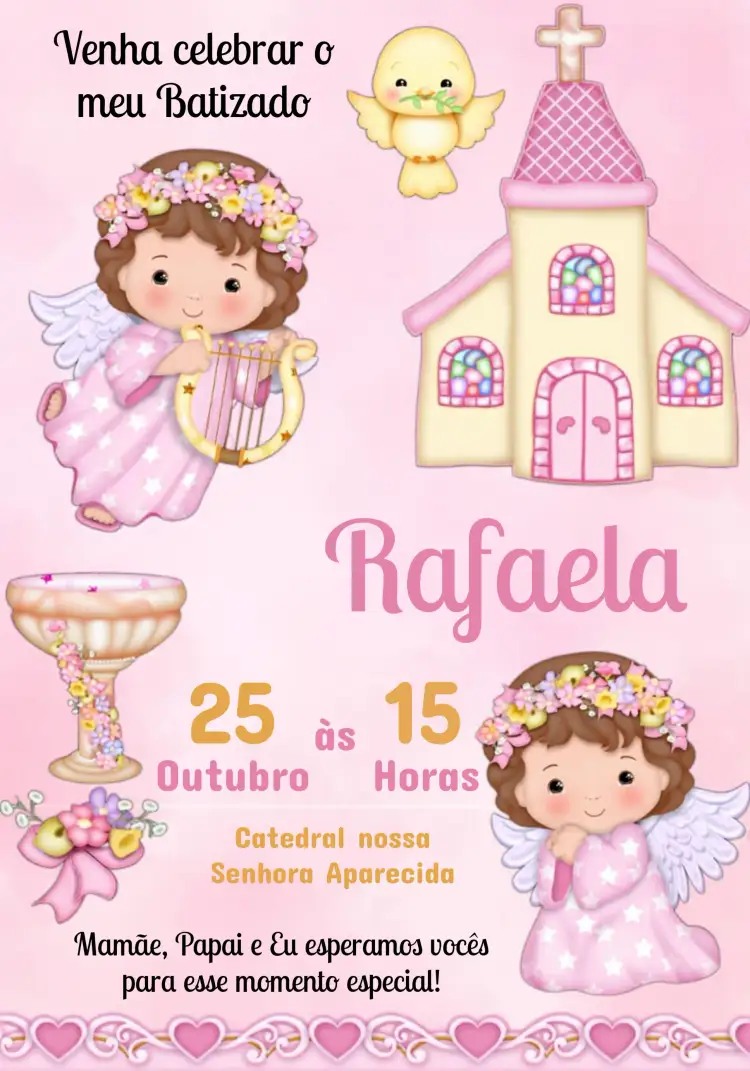 Convite Batizado Menina Rosa Primeira – tema Primeira Comunhão rosa suave, anjinhos, flores delicadas, infantil, minimalista, moderno