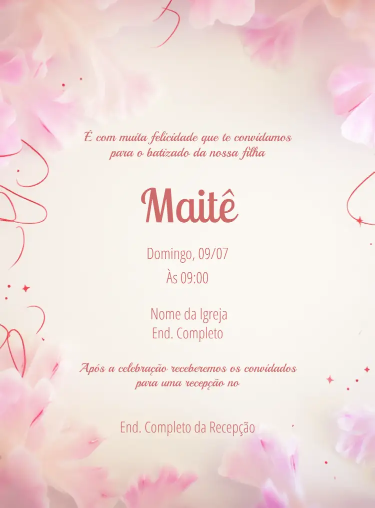 Convite Batizado Menina Rosa Rosas – tema Batizado floral, delicado, moderno, pastel, romântico, infantil