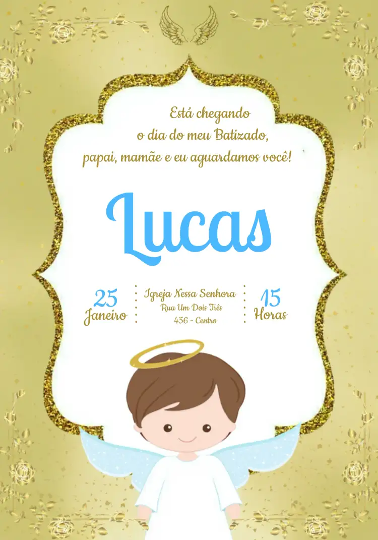 Convite Batizado Menino – tema Batizado azul, dourado, anjinho, brilho, moderno, sutil