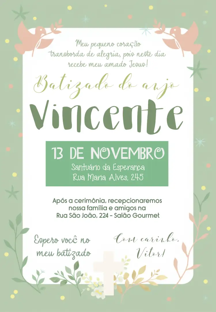 Convite Batizado Menino – tema Primeira Comunhão verde, anjos, minimalista, católico, delicado, elegante