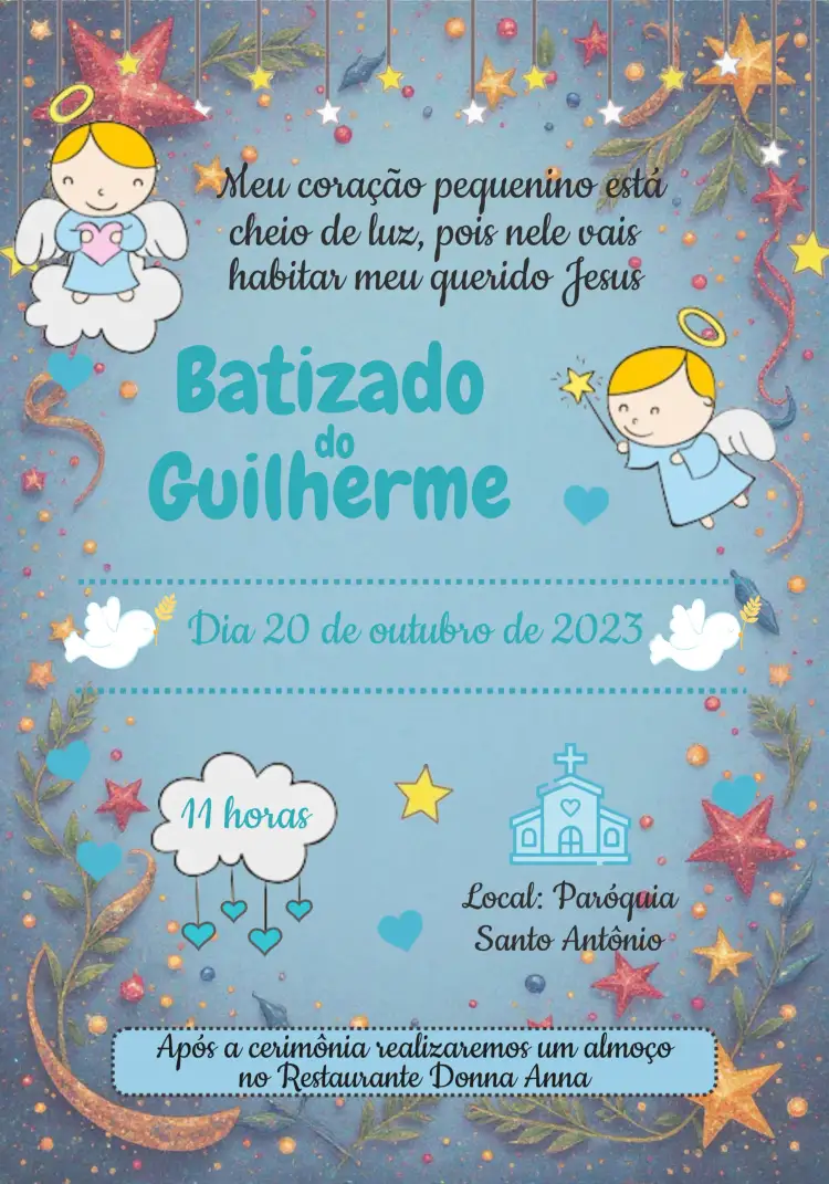Convite Batizado Menino Anjinho Branco – tema Batizado anjinho, azul e branco, minimalista, delicado, infantil, moderno