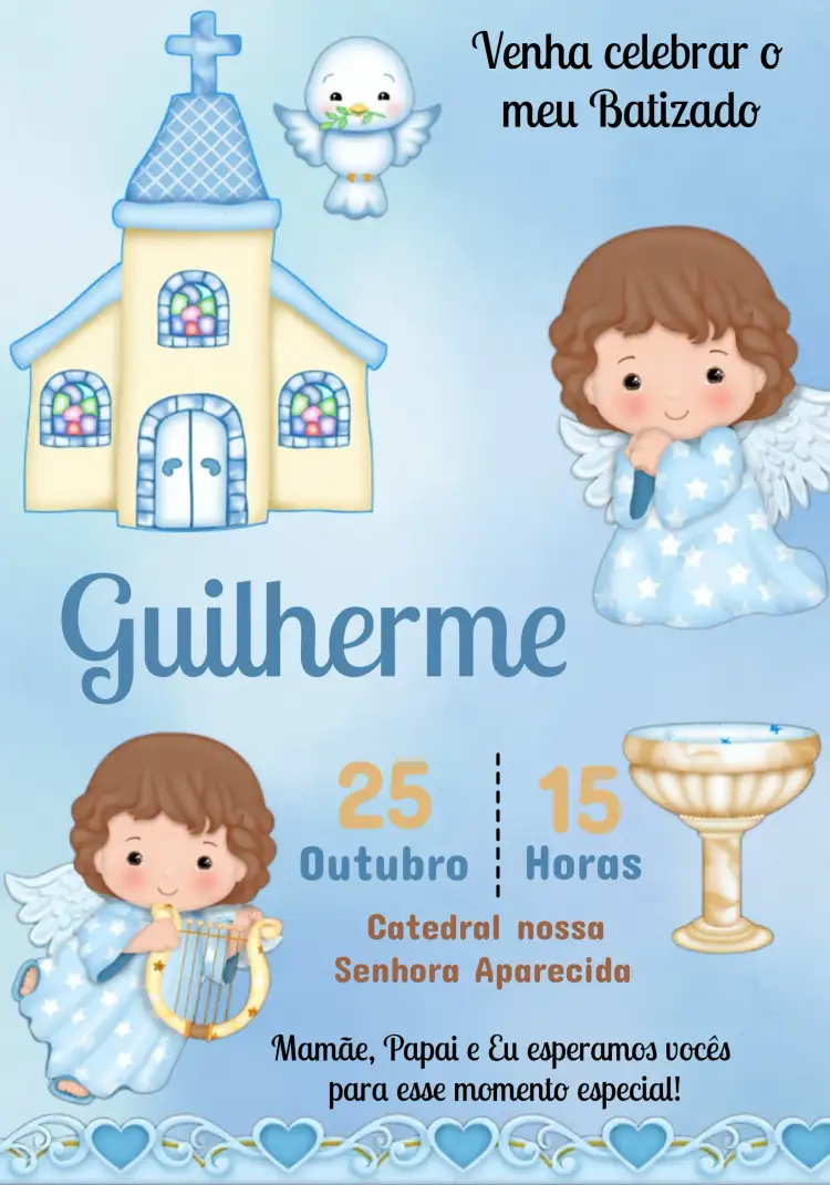 Convite Batizado Menino Anjinho Comunhão – tema Primeira Comunhão azul claro, anjinho, religioso, minimalista, infantil, moderno