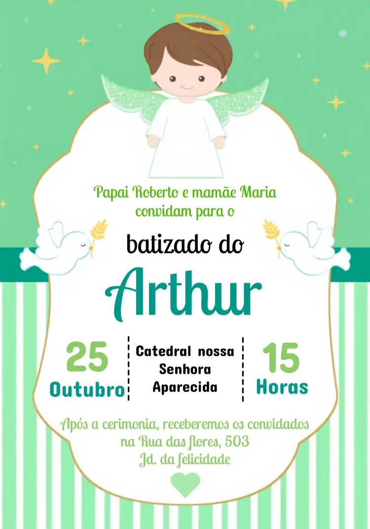 Convite Batizado Menino Anjo – tema Primeira Comunhão verde, anjos, minimalista, infantil, delicado, moderno