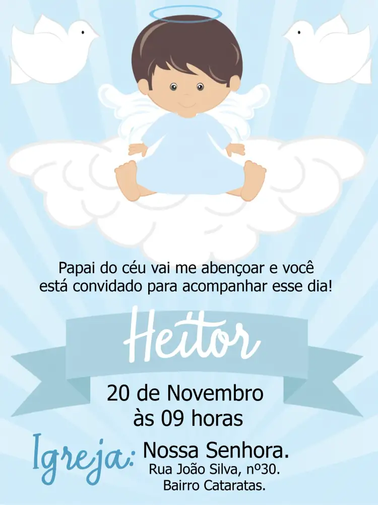 Convite Batizado Menino Azul – tema Batizado azul claro, branco, anjos, minimalista, religioso, infantil