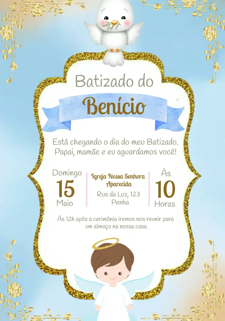 Convite Batizado Menino Azul Paz – tema Batizado azul, dourado, branco, minimalista, infantil, religioso